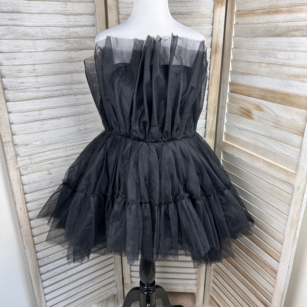 NWT Fashion Nova Exclusive Tulle Mini Dress Black Strapless Hi Low Party Large